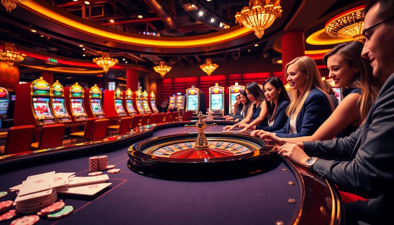 SODO Casino features a vibrant gaming scene with players engaged at luxurious tables and slot machines.