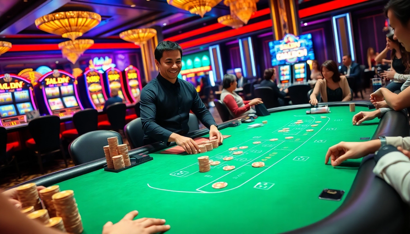 Gameplay at 888new - nhà cái hàng đầu châu á features an exciting blackjack table with players and vibrant casino elements.