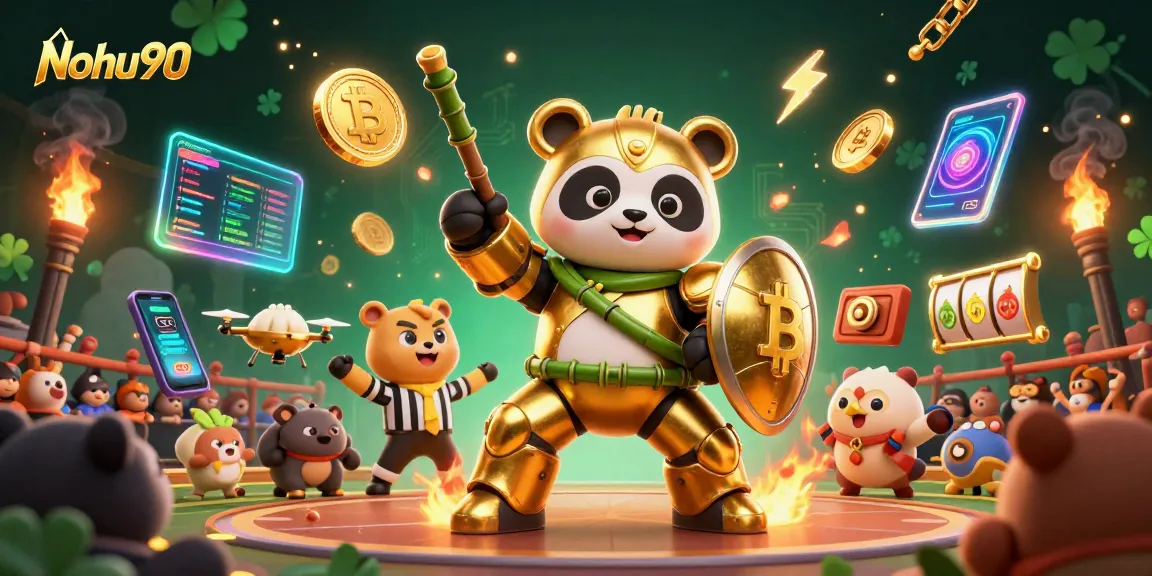 Spin the reels at Nohu90 with a vibrant 3D scene showcasing a golden panda and a bamboo robot.