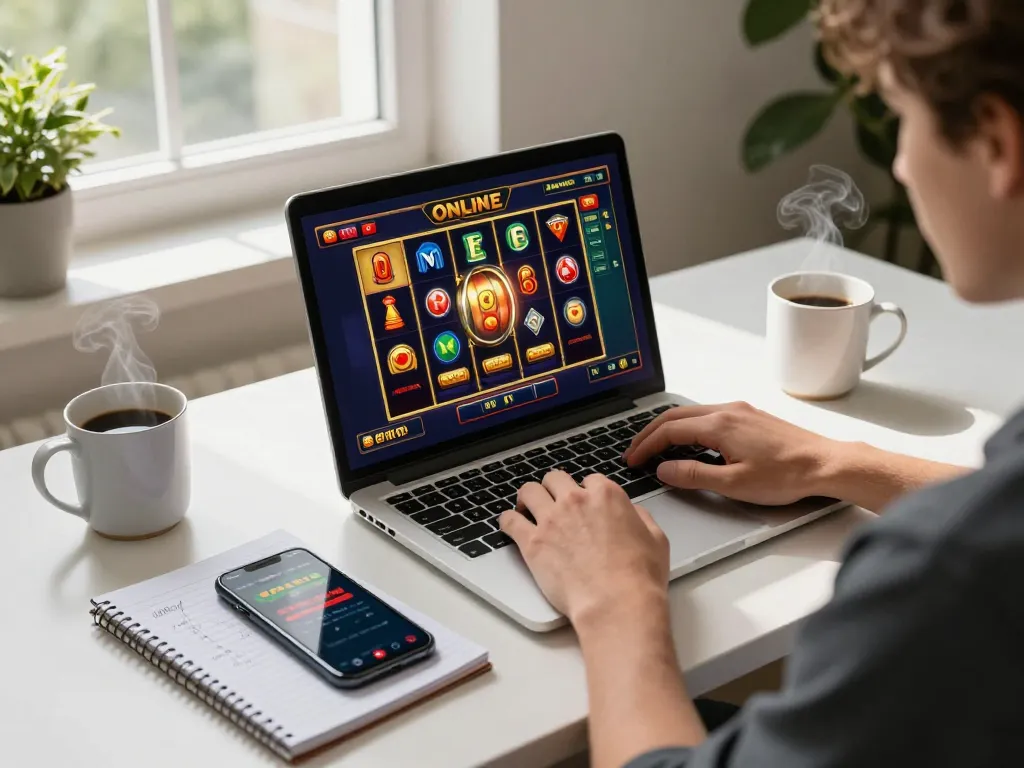 Engaged player exploring tải sun win on a laptop, showcasing an exciting online casino game.