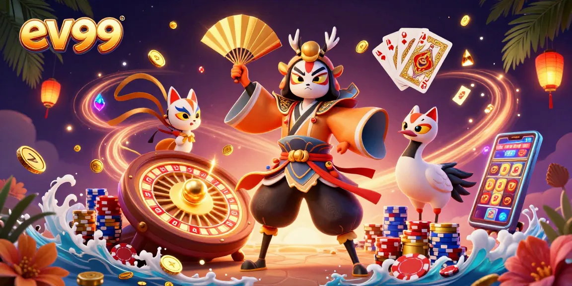 Win big at ev99 casino with a vibrant 3D illustration featuring kabuki warriors and casino elements.