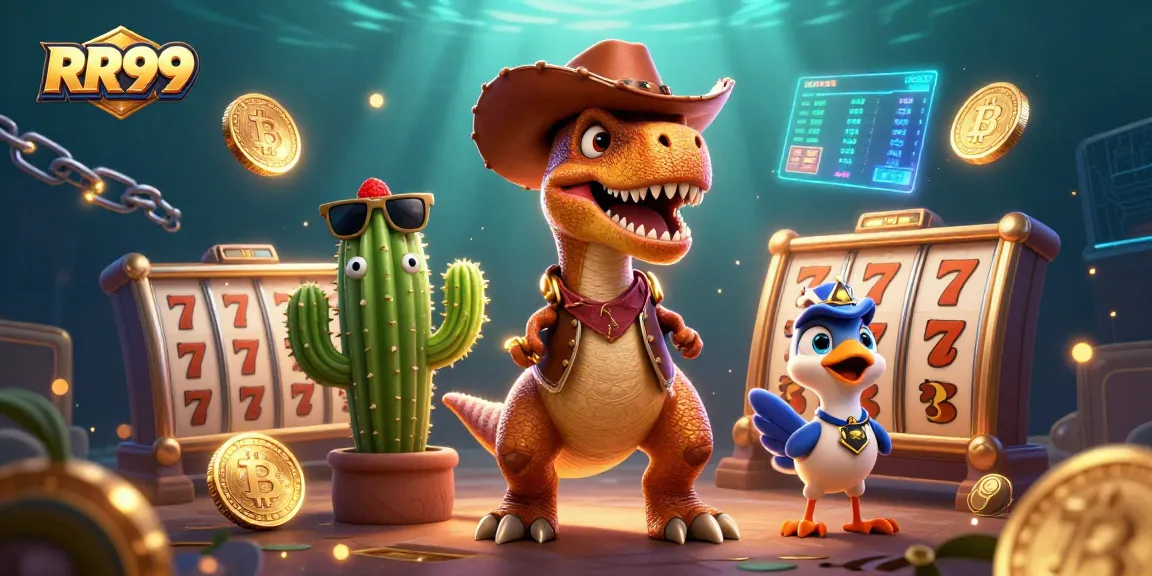Win big at RR99 with our dynamic casino scene featuring T-Rex and the jackpot!