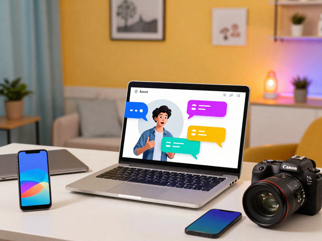 AI chat porn interactions on laptop with engaging avatars in vibrant digital space.