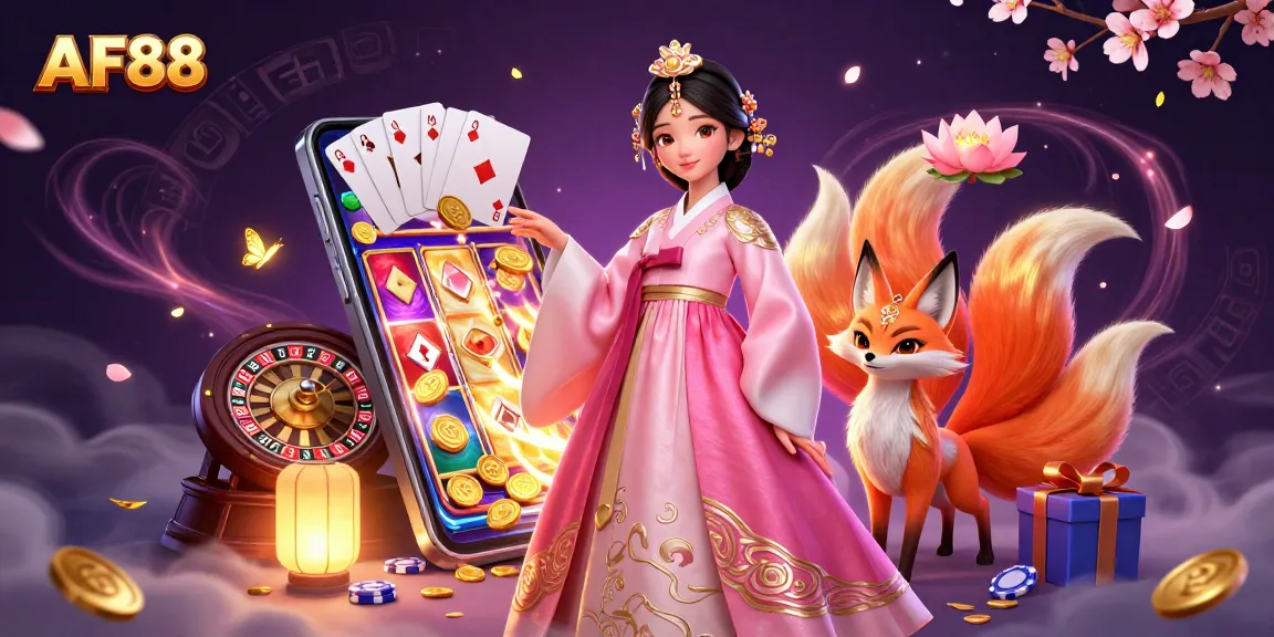 Spin to win at AF88 with a glamorous Asian lady and a lucky fox amidst vibrant casino symbols.
