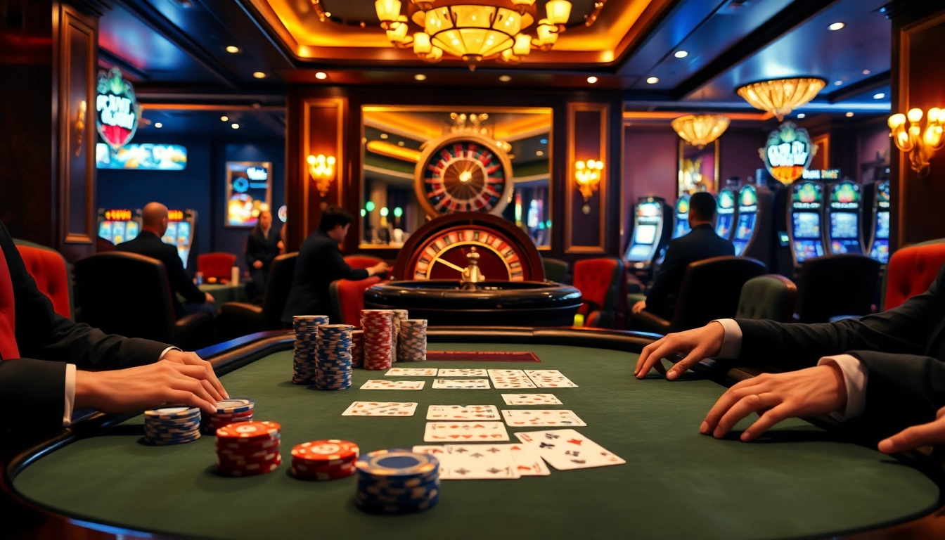 Players engaging in high-stakes poker at a luxurious casino table near https://tg88.black/ showcasing vibrant chips and cards.