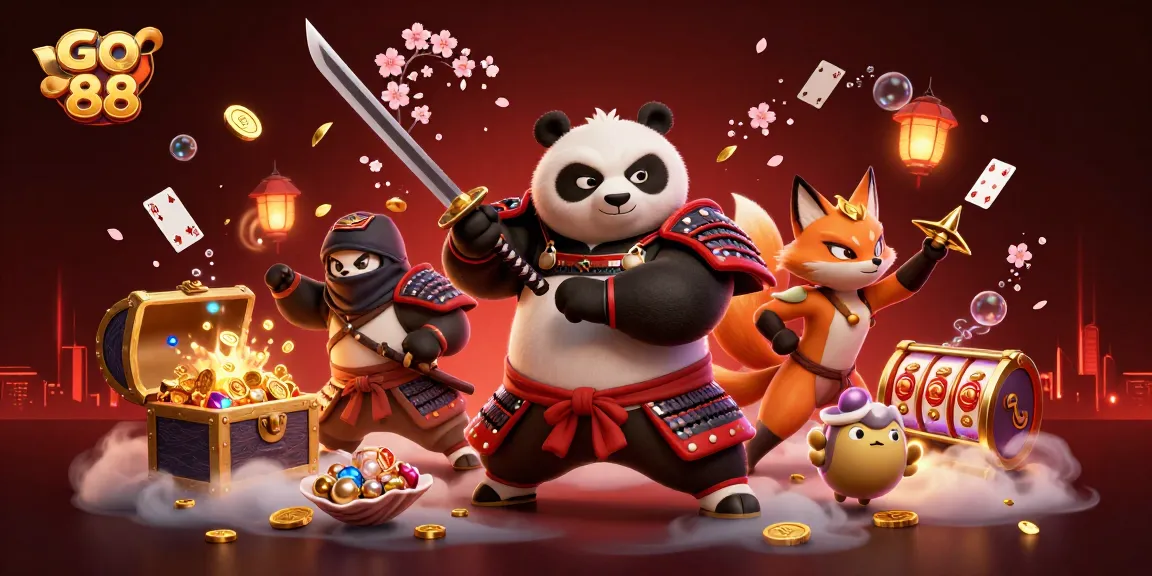 Spin the reels and experience excitement with go 88's vibrant animated scene featuring dynamic 3D characters and rich gaming elements.