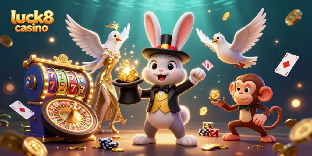 Engage with luck8 casino as the magician rabbit pulls coins while vibrant casino games fill the scene.