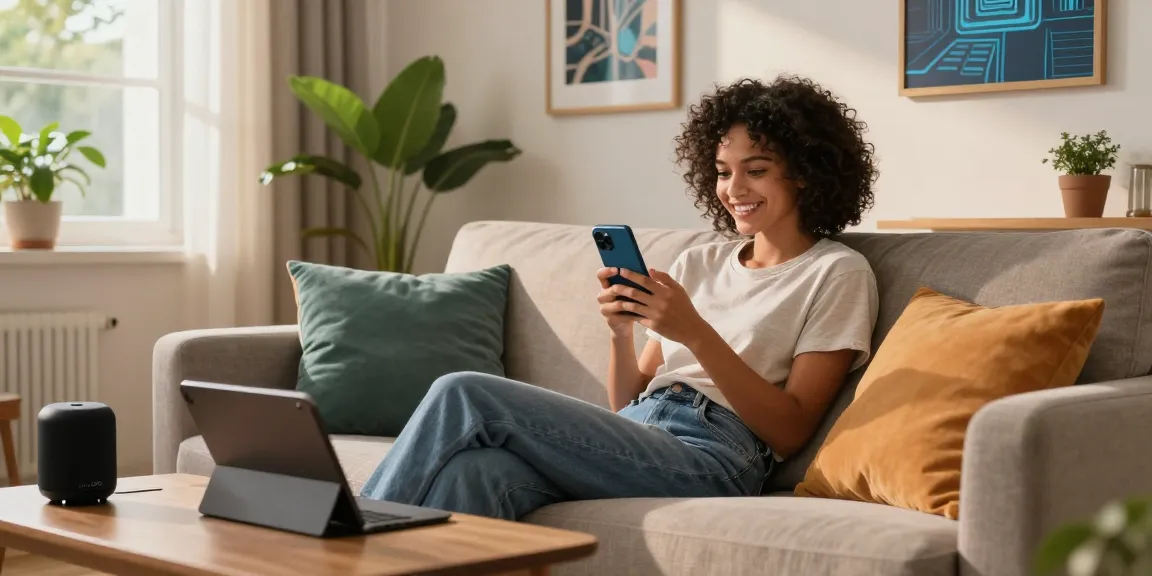 Young person interacting with an AI girlfriend on a smartphone amidst a cozy urban living space.