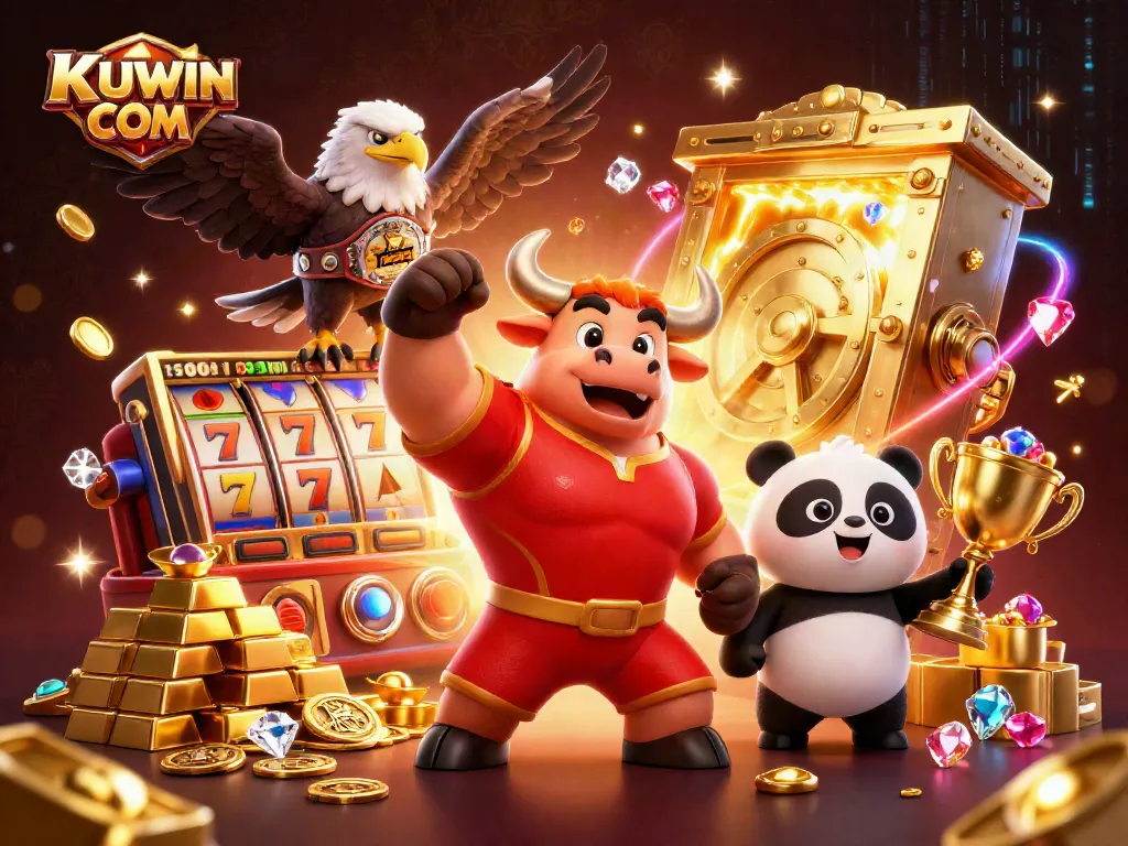 Experience big wins with KUWIN COM in a vibrant casino scene featuring iconic characters and game elements.