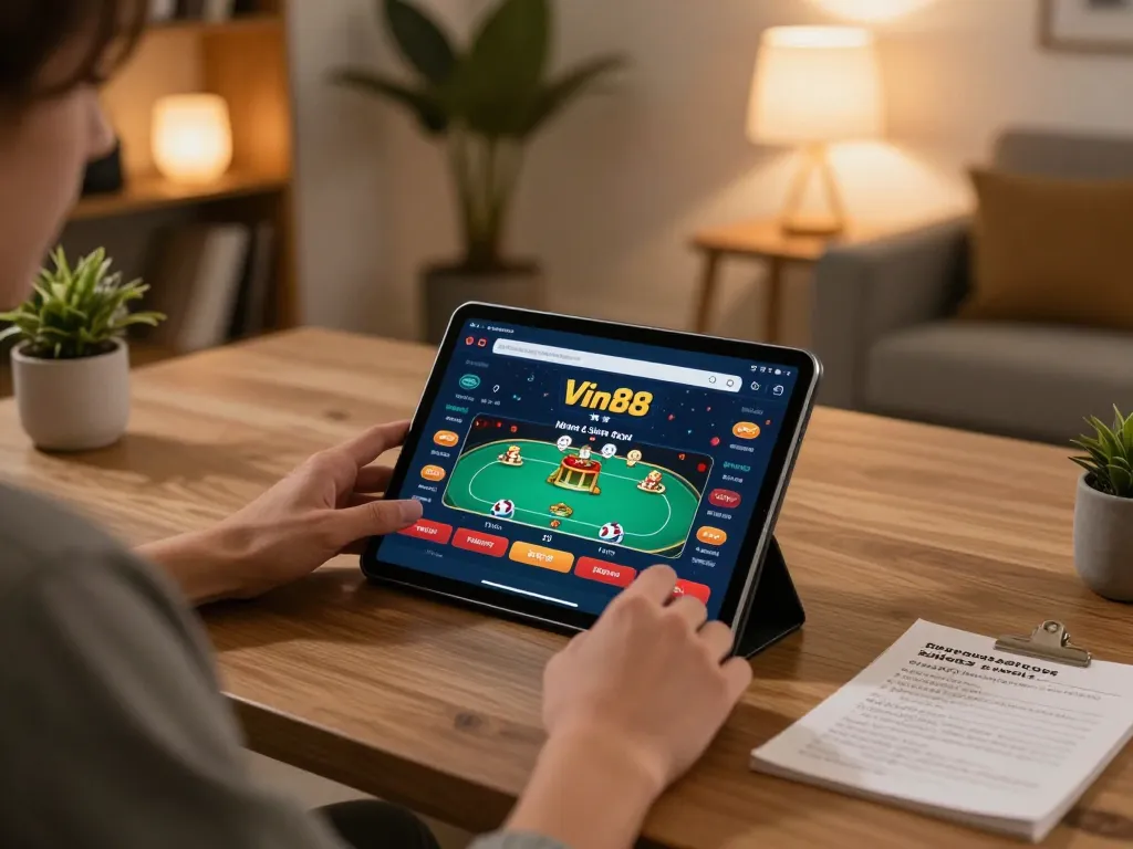 Engaging in online casino gaming with the link truy cập Vin88 app on a tablet, showcasing strategic gameplay