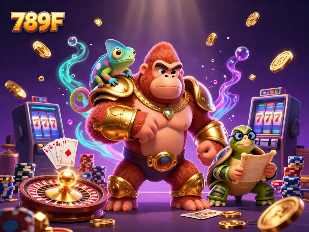 Experience the vibrant world of 789F with a powerful gorilla and colorful casino elements in a dynamic gambling scene.