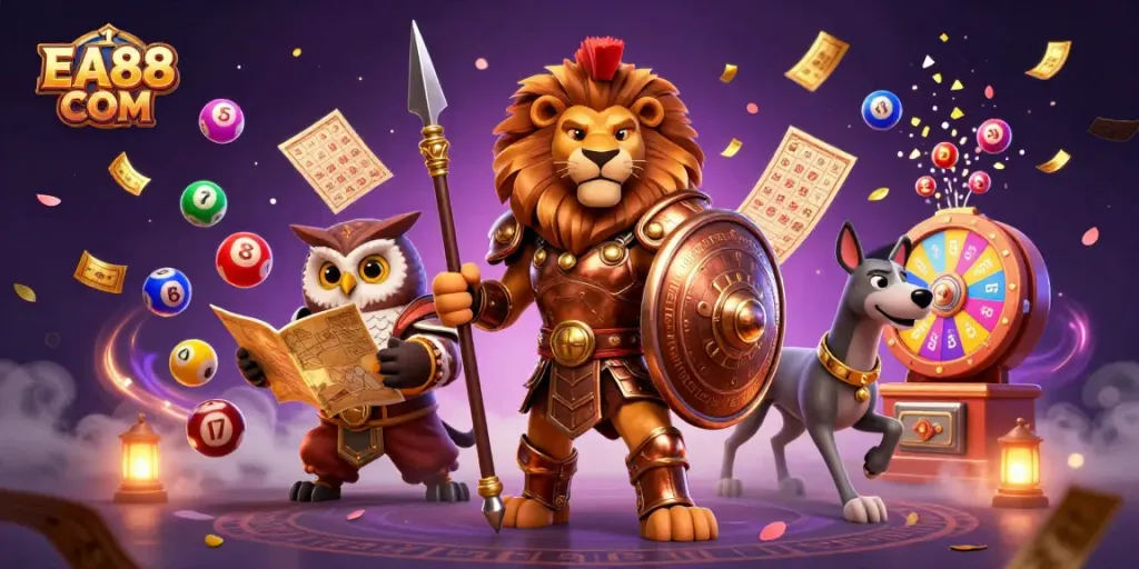 Engage in gaming excitement at EA88 COM with vibrant characters and dynamic casino elements in a colorful scene.