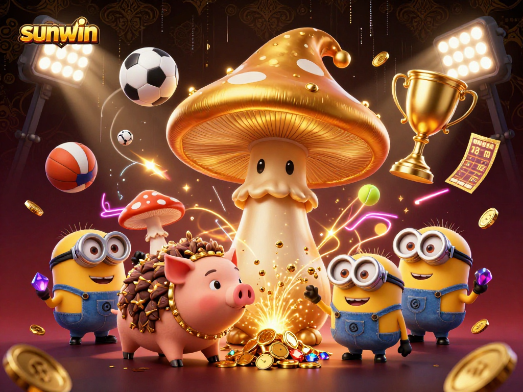 Engage with sunwin's vibrant casino scene featuring a golden mushroom wizard and dynamic sports elements.