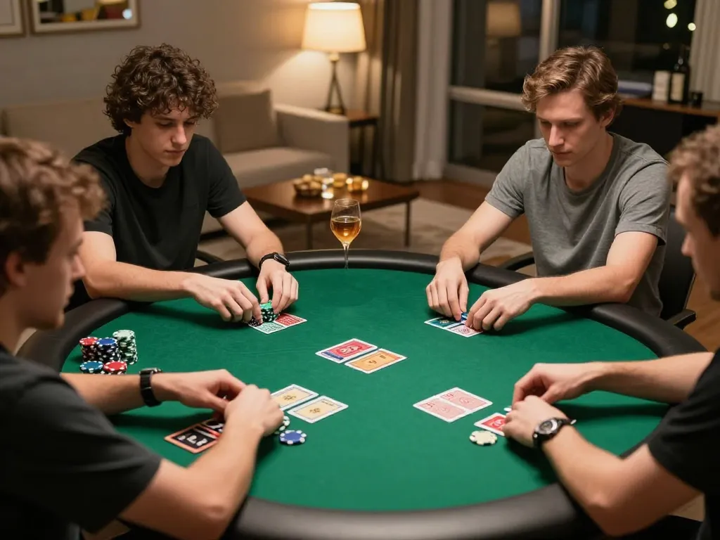 NOWGOAL players strategizing during an intense home poker game with chips and cards visible.