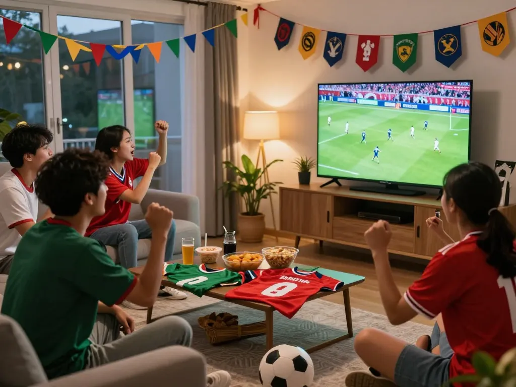 Cheering friends enjoying ดูบอล together in a lively living room with snacks and team jerseys.