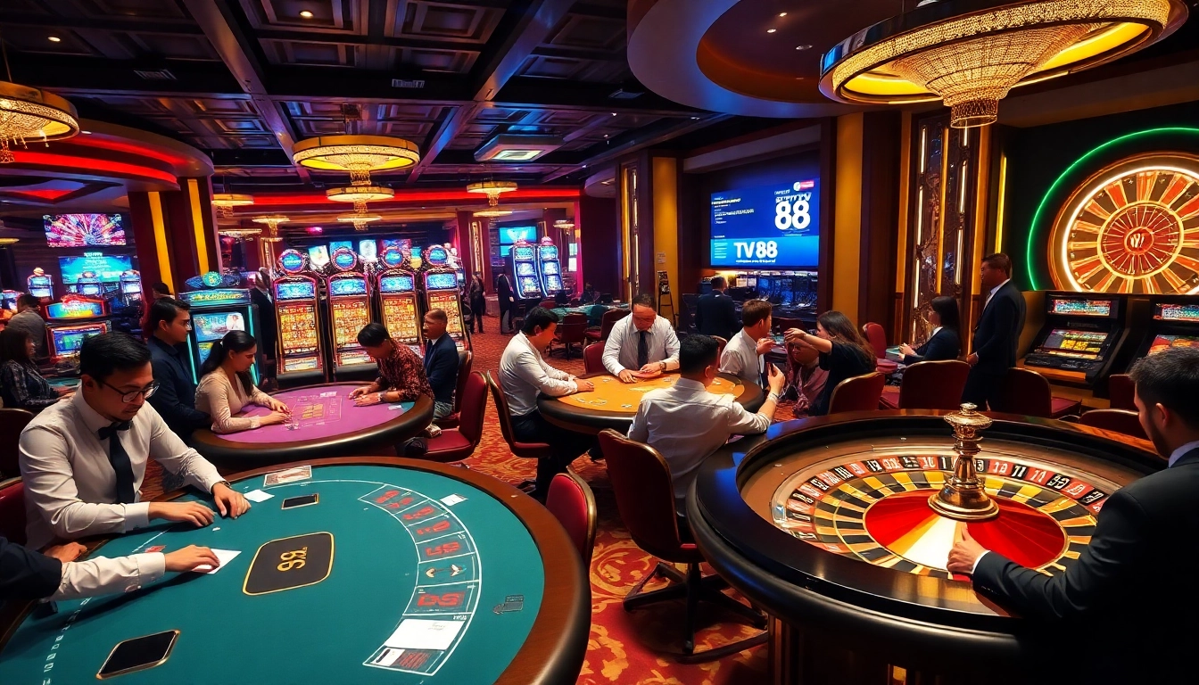 Players enjoying a thrilling game at TV 88 casino, showcasing vibrant poker tables and slot machines.