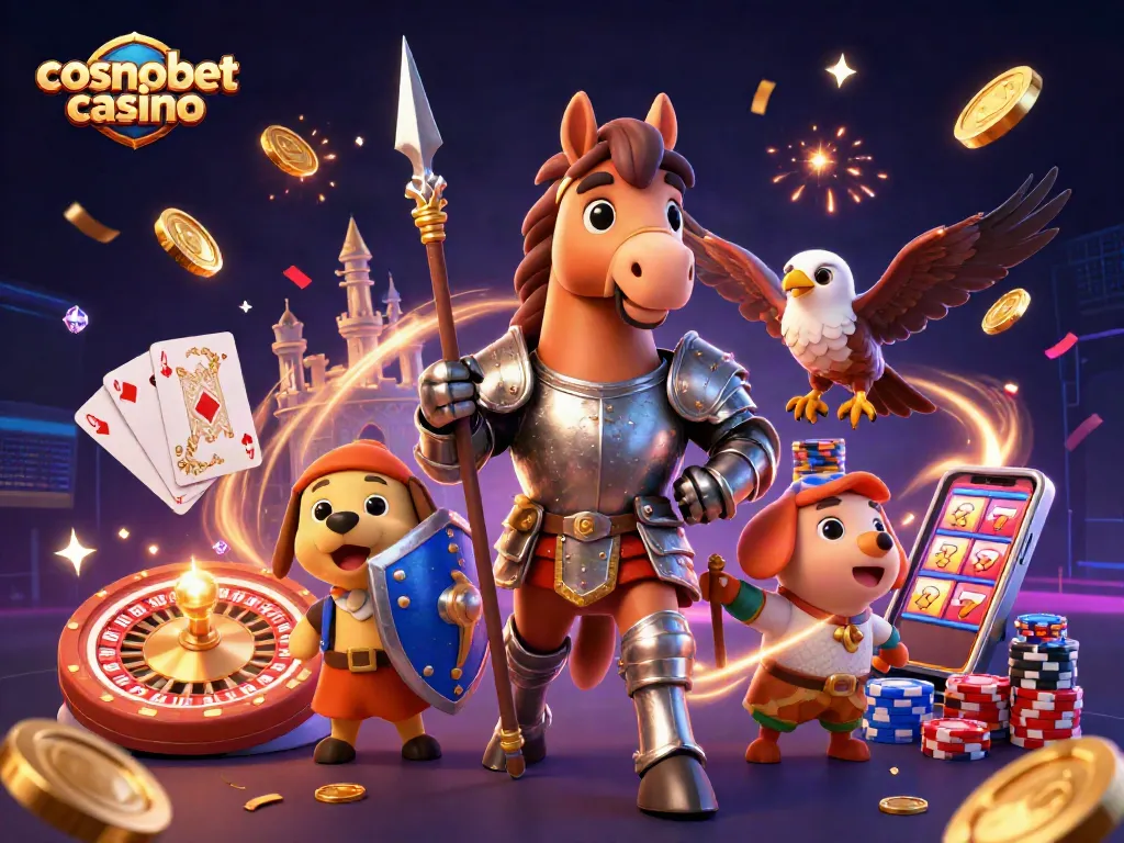 Experience thrilling action at Cosmobet Casino with knights, gold coins, and vibrant game elements.