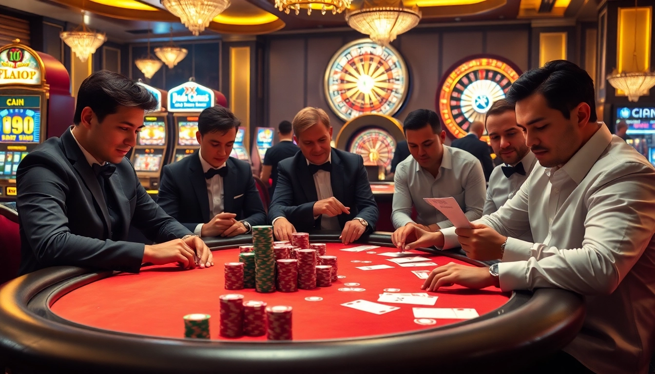 XX 88 poker players strategizing their bets at a luxurious casino table.