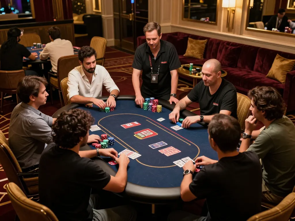 Players enjoying tense moments of strategy at gamebaidoithuong8 poker table in a luxurious casino.