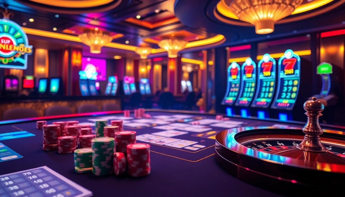 Engaged players enjoying a thrilling experience at nhà cái alo789 casino, surrounded by vibrant gambling visuals.