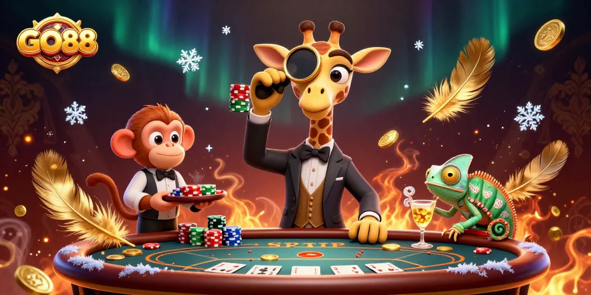 Experience the excitement of GO88 with a vibrant 3D illustration featuring a giraffe at a poker table.
