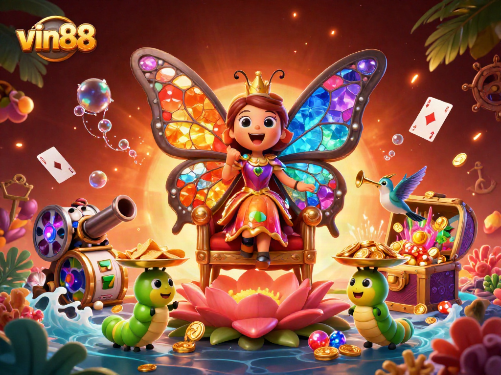 Win big at vin88 with colorful slot symbols surrounded by enchanting characters.