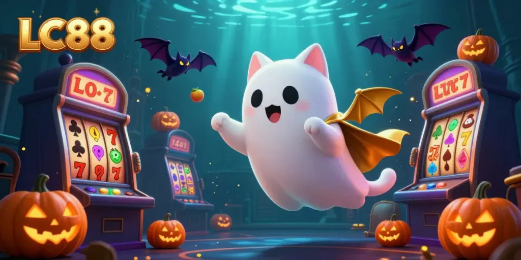 Engage in magical gambling fun with the friendly ghost cat and golden bat at LC88 casino.