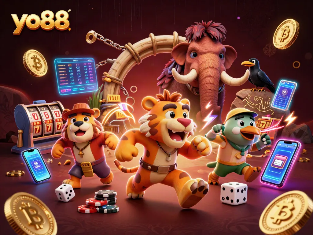 Engage in thrilling gameplay at yo88 with vibrant caveman casino action and crypto elements.