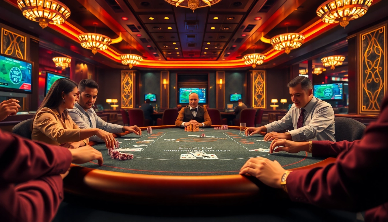 Players engaging in an exciting poker game at https://urr88.com/, showcasing vibrant casino colors and professional elements.