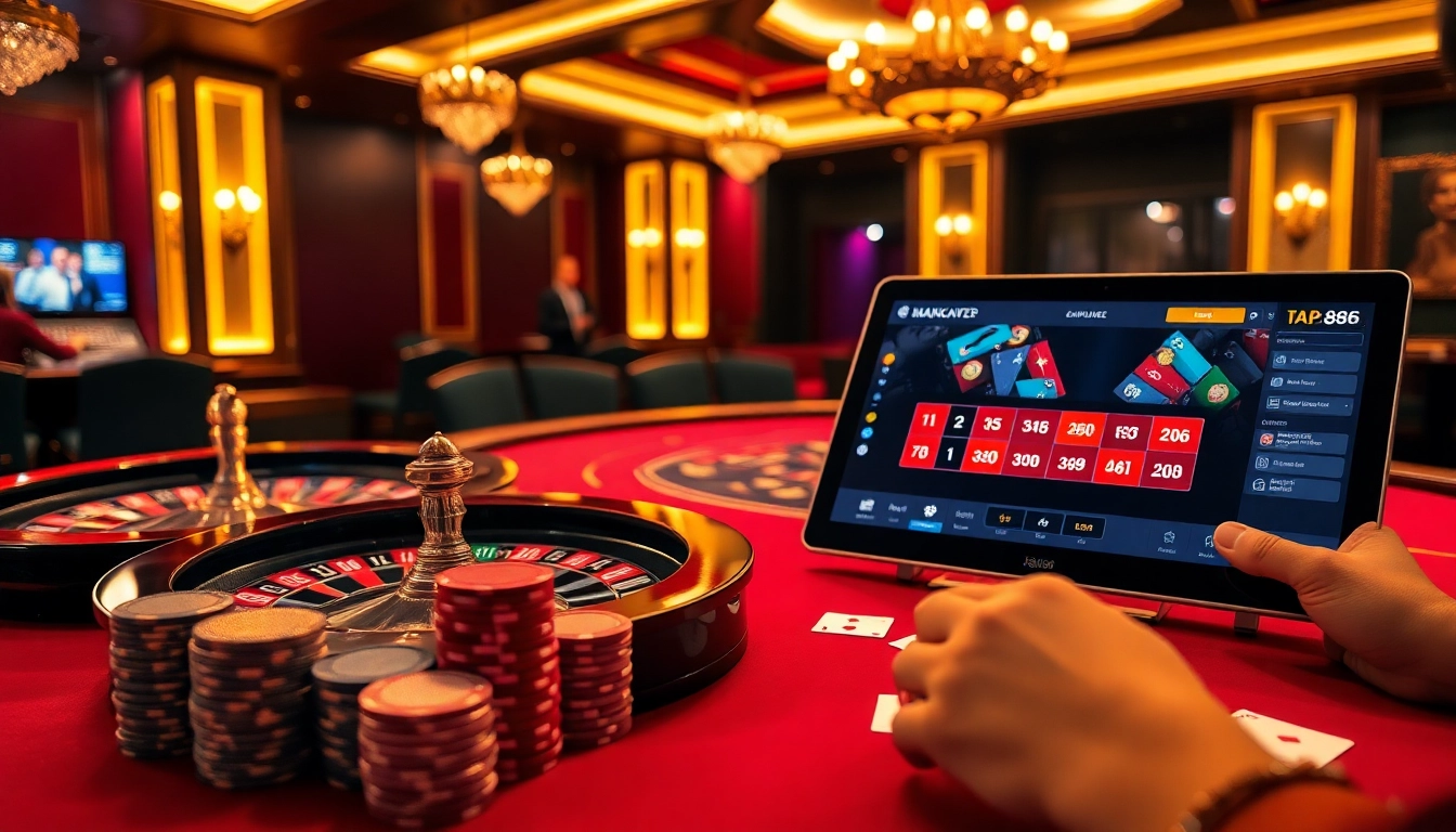 Action-packed casino gameplay scene featuring the luxurious atmosphere of https://da88.navy/ with roulette and poker elements.