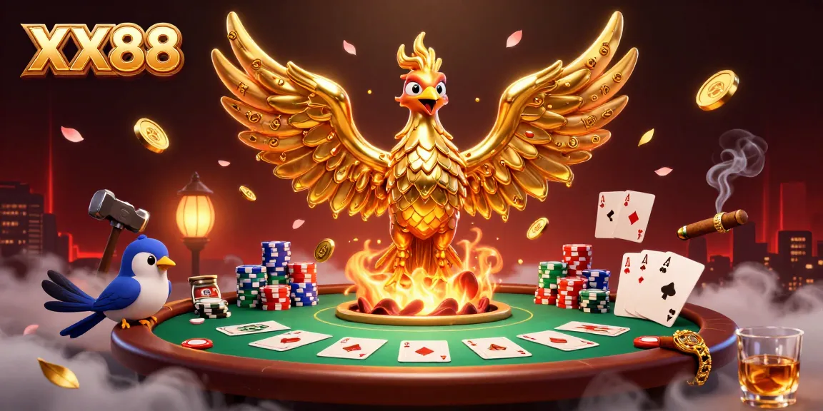 Experience high-stakes play at XX88 with a phoenix rising amidst poker elements.
