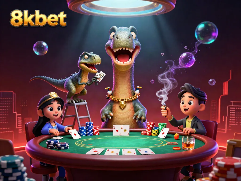 Engage with vibrant gameplay at 8kbet, where a giant brontosaurus watches a thrilling poker game.