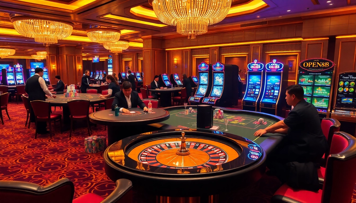 Experience the thrill of gaming with link vào OPEN88, showcasing elegant gambling tables and exciting casino visuals.