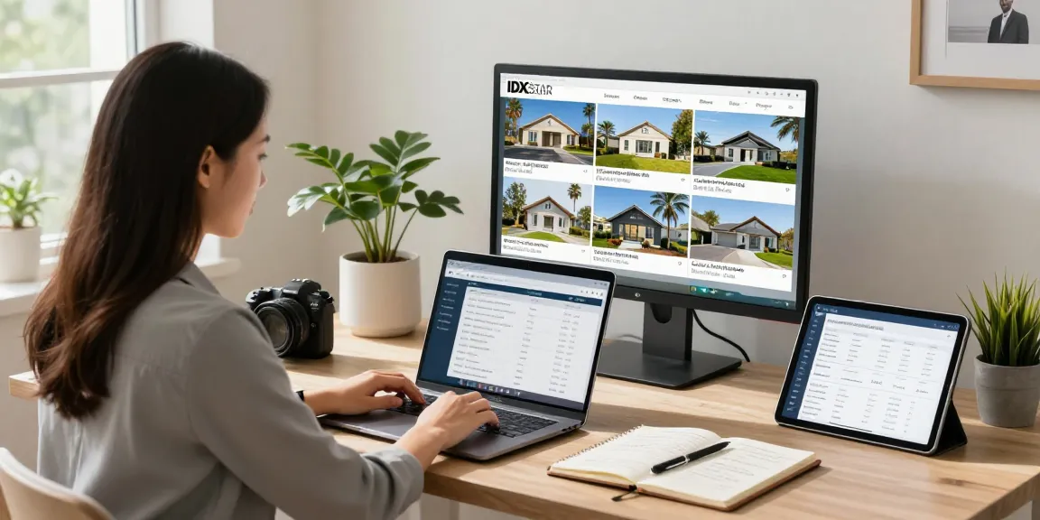 Real estate agent utilizing IDXSTAR for effective property listings in a modern home office.