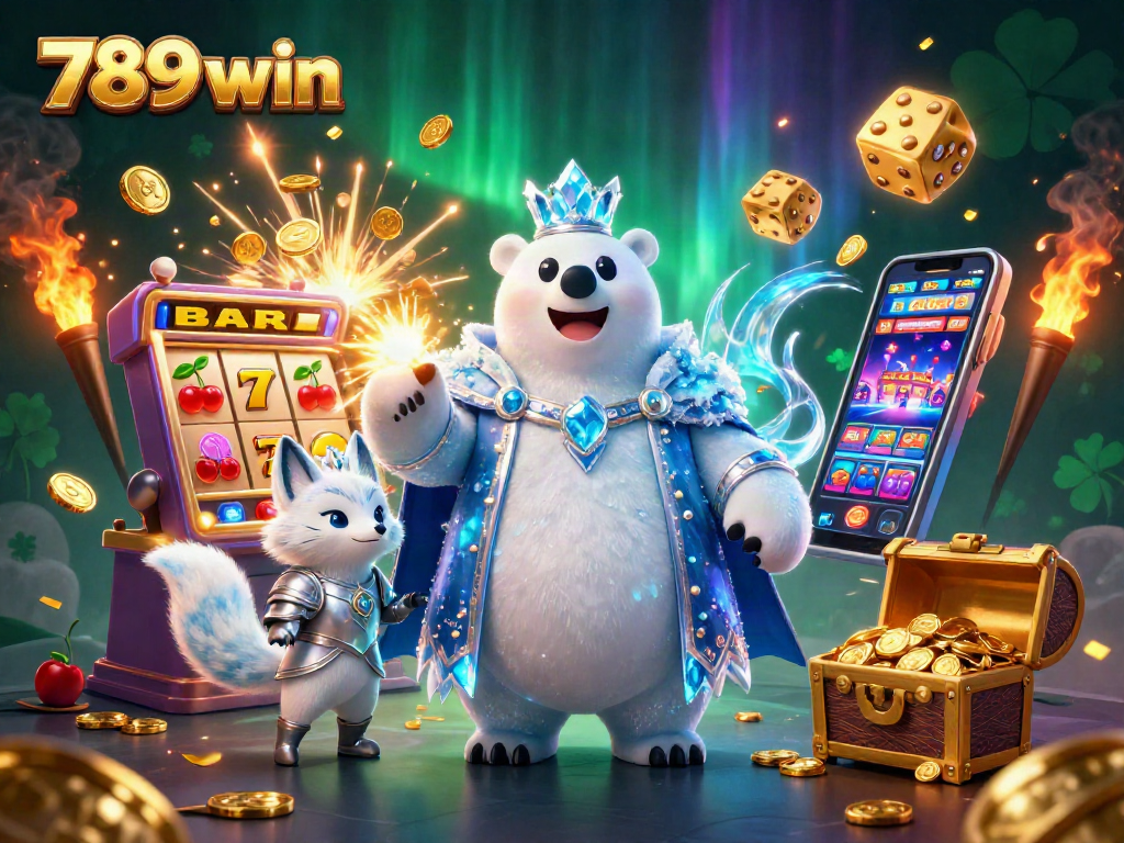 Engage with 789 win's vibrant scene featuring a polar bear king and silver fox amidst jackpot symbols.