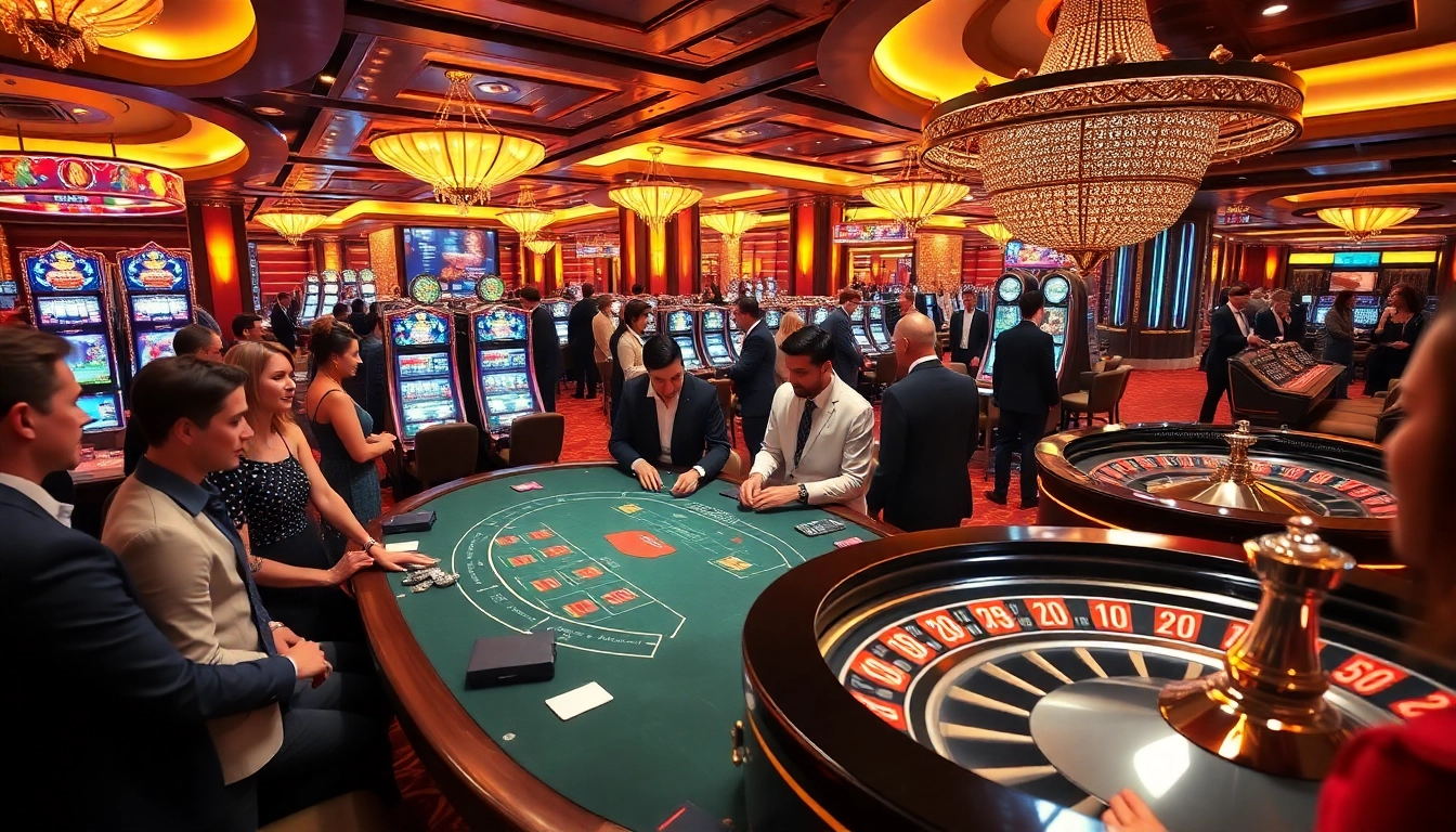 Excited gamblers betting at 789f casino tables with vibrant slots and roulette.