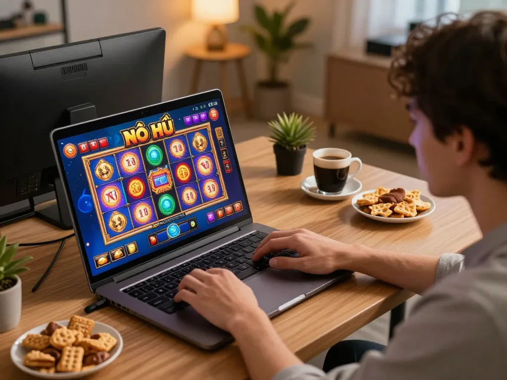 Nổ Hũ gameplay in a cozy home setting, person engaging in an online casino experience.