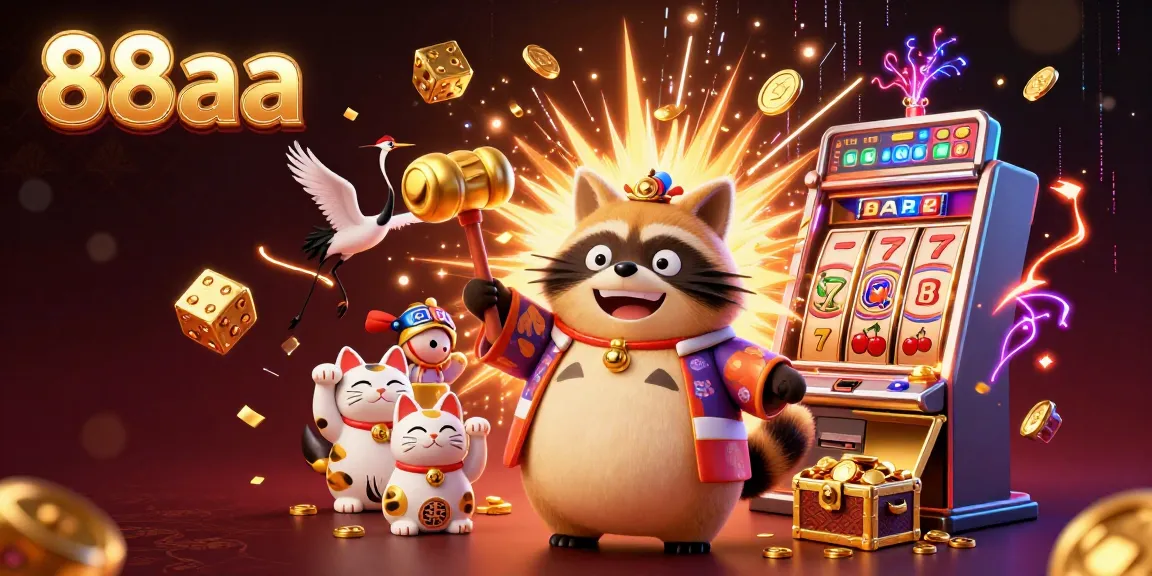 Experience the excitement of 88aa with a cheerful tanuki, lucky cats, and a vibrant casino atmosphere.