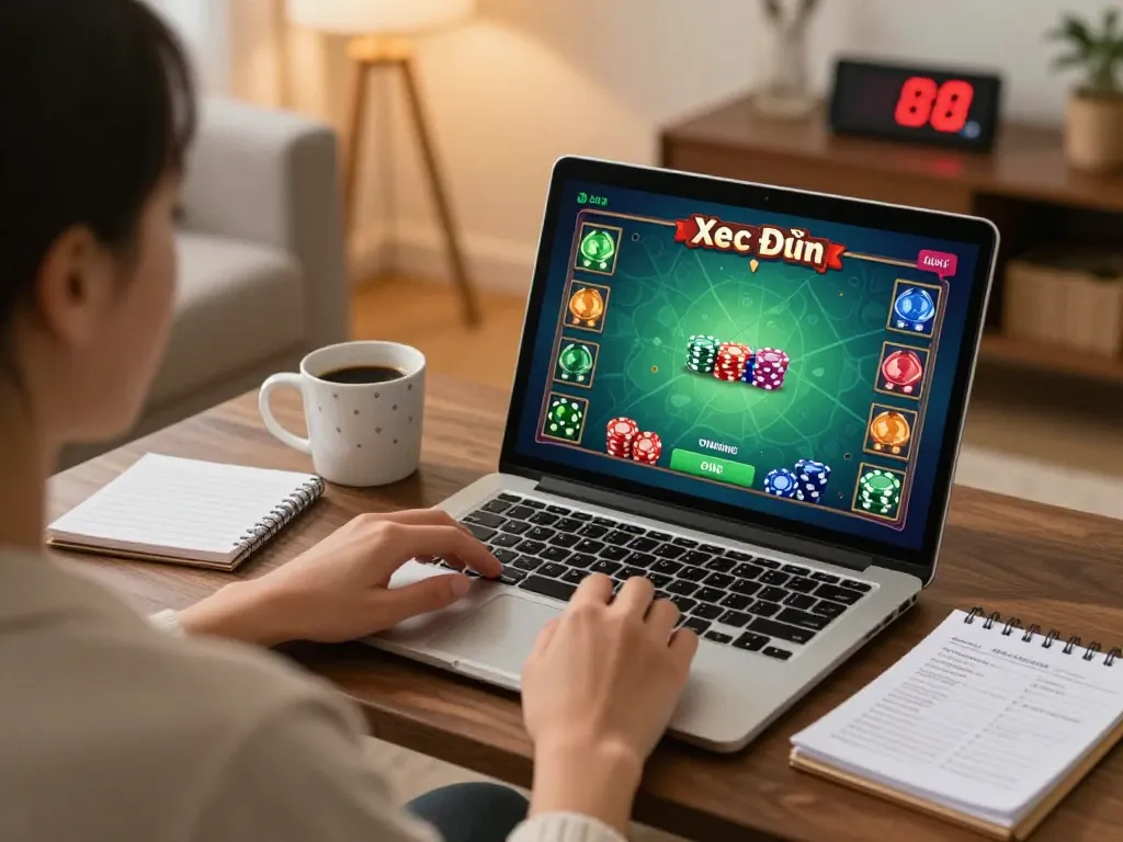Xóc Đĩa Online gameplay on a laptop in a cozy setting with strategic notes available.