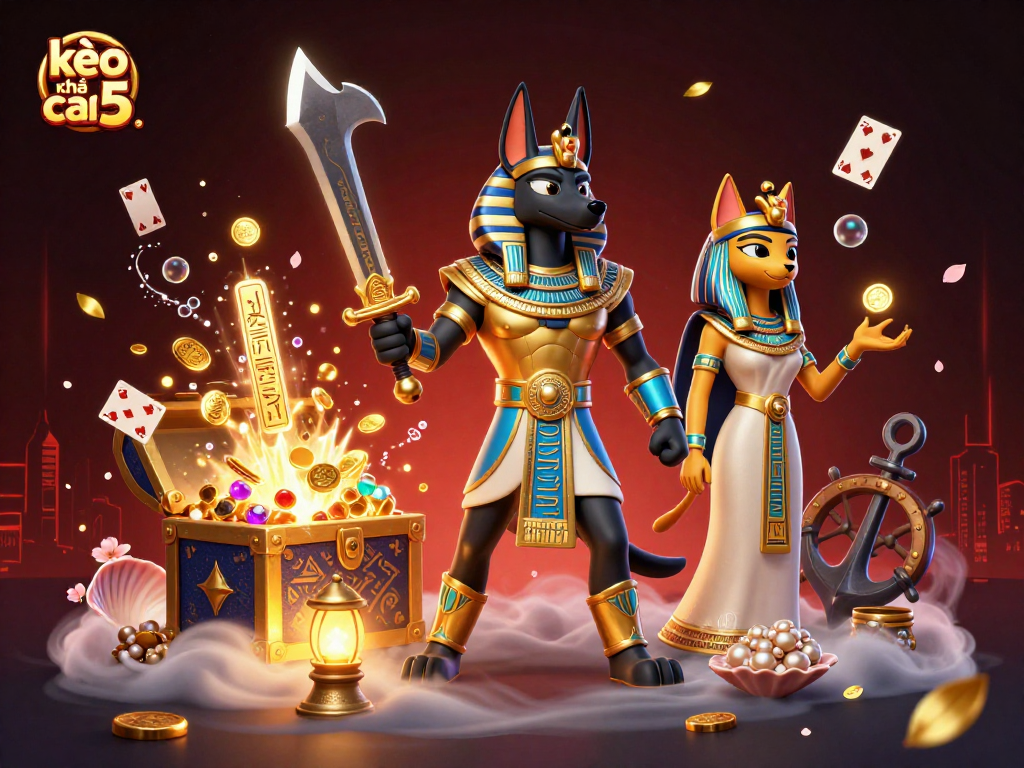 Engage with kèo nhà cái 5 featuring Anubis and Bastet amidst treasures and glowing symbols.