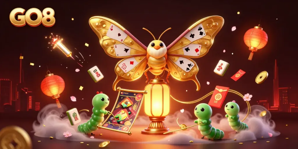 Engage with vibrant online casino gameplay at GO8, showcasing an enchanting moth and dynamic gaming elements.
