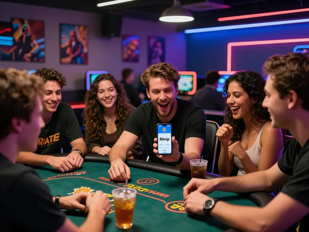 Group enjoying games together featuring the Rikvip app in an energetic gaming lounge.