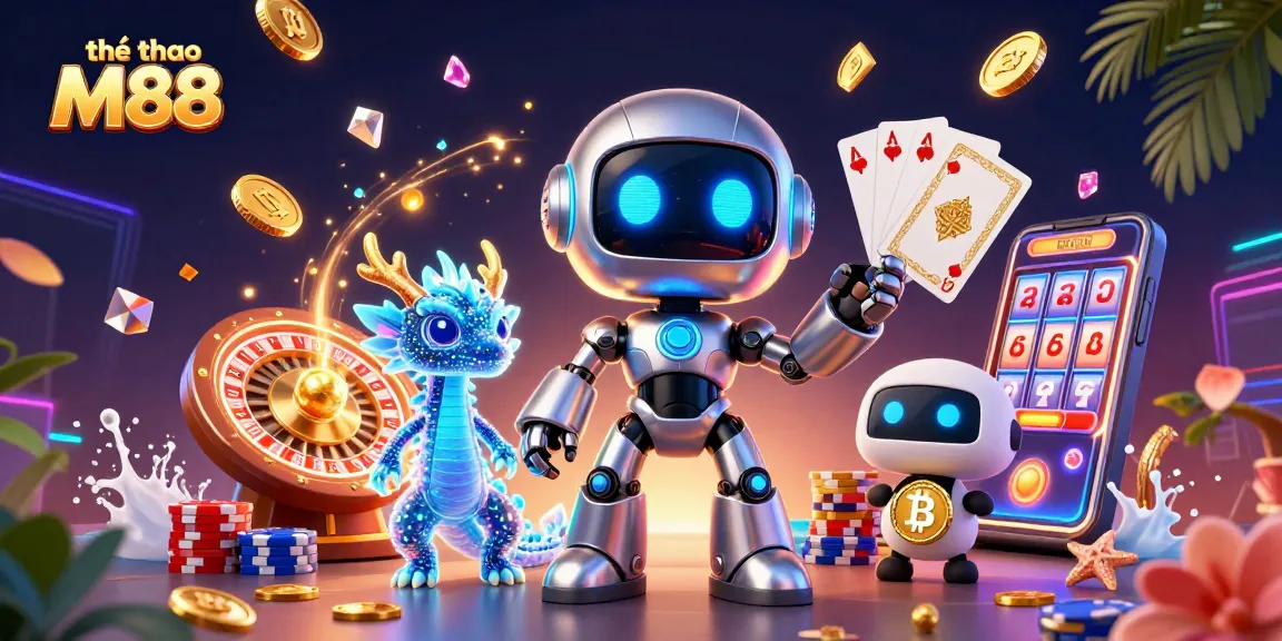 Engage in exciting betting action at thể thao M88 with a vibrant casino scene featuring playful characters and dynamic elements.