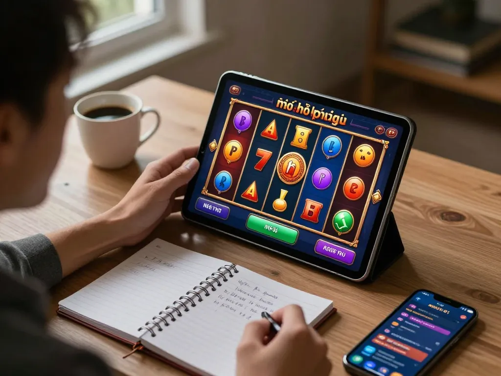 Nổ hũ gameplay on tablet in cozy home office, showcasing slot reels aligning for a potential win.