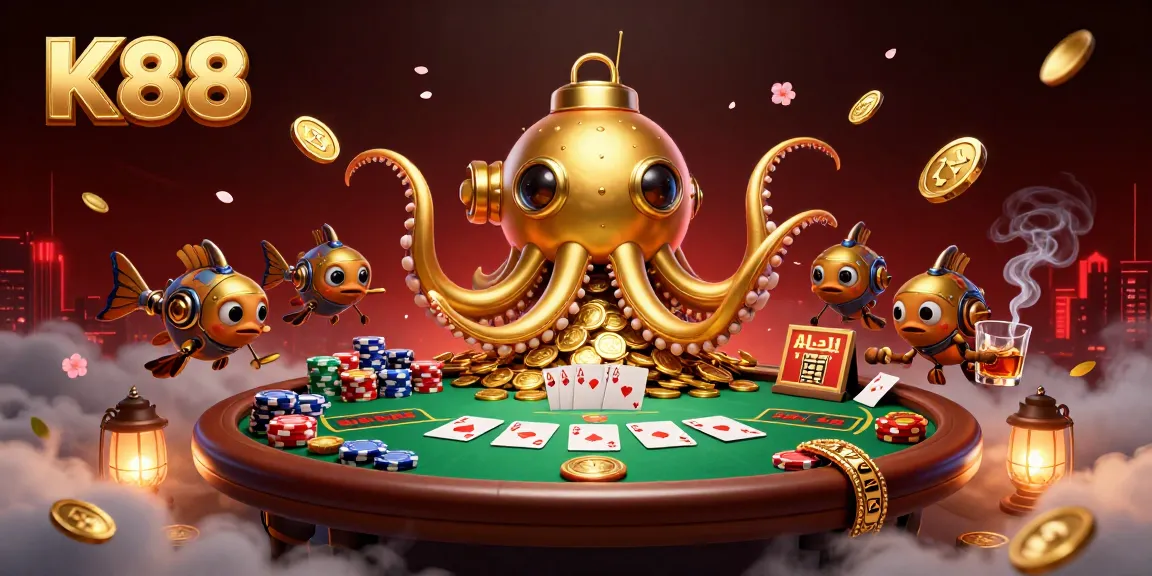K88 casino scene featuring a golden kraken submarine, poker elements, and vibrant casino atmosphere.