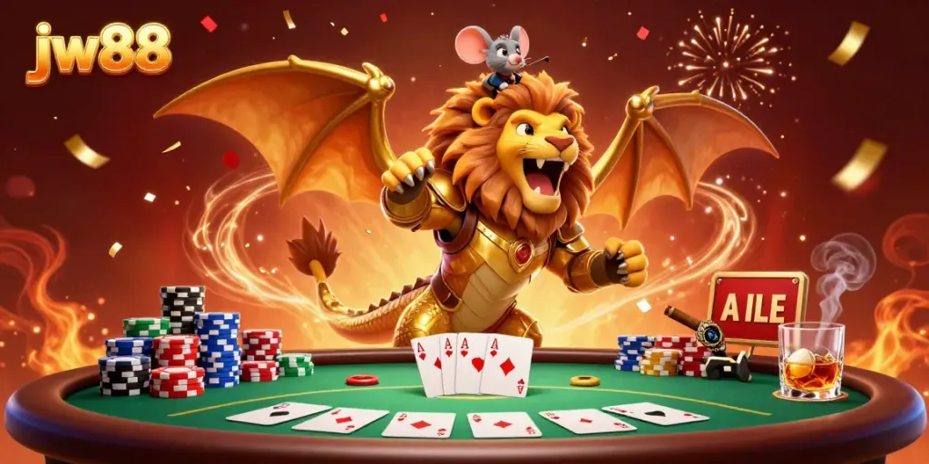 Engage with jw88's thrilling poker experience featuring a roaring chimera and dynamic elements.