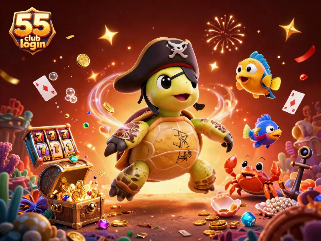 Master the 55 club login at the online casino with vibrant treasure-filled illustration and engaging characters.
