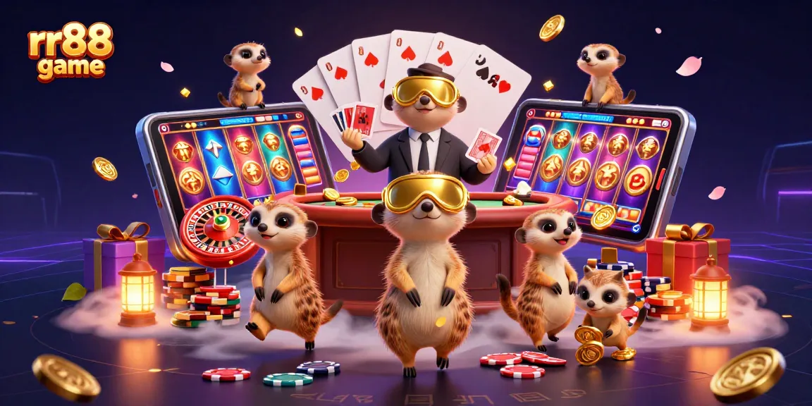 Experience the thrilling rr88 game with meerkats managing a vibrant casino operation amidst colorful gaming elements.
