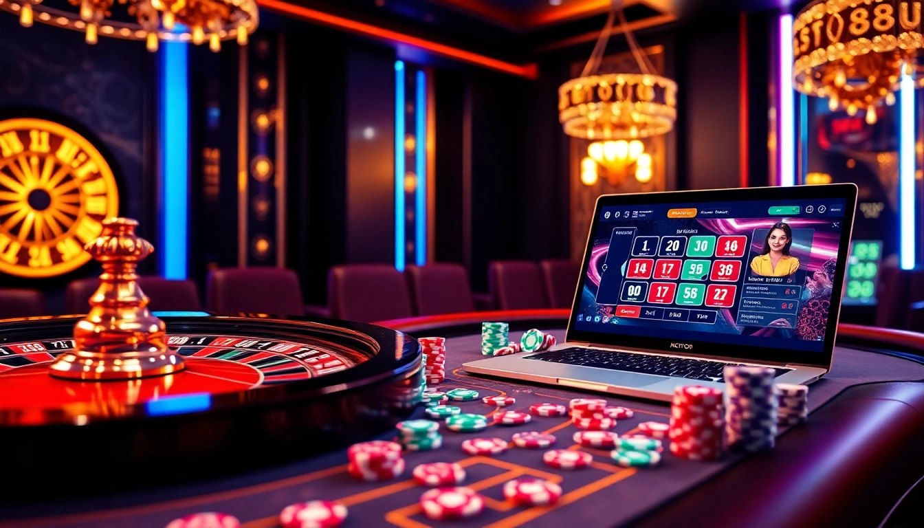 Engage in thrilling gambling with 888p đăng ký at an elegant casino table filled with vibrant poker chips and a roulette wheel.
