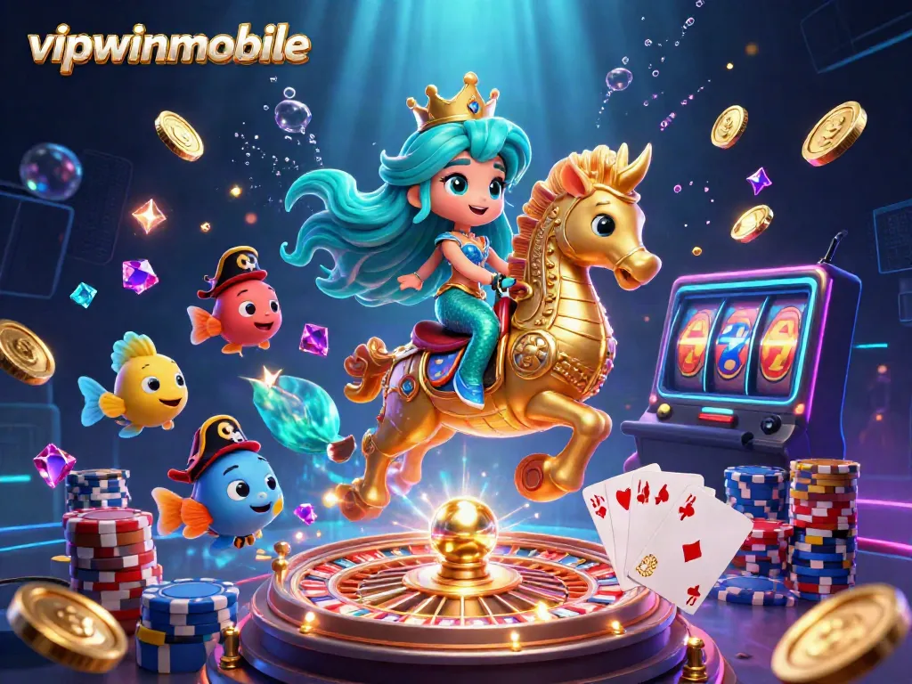 Experience the excitement of vipwinmobile with a vibrant underwater casino scene featuring a mermaid princess, spinning roulette, and dazzling gems.